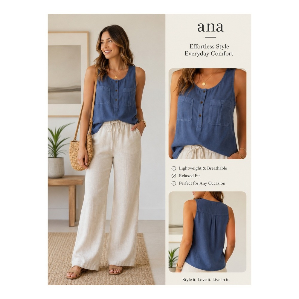 ANA Blue Sleeveless Button Front Pocket Blouse Top Women's Size M Casual Chic